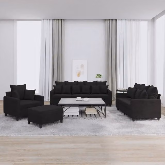 Set di divani moderno vidaXL in velluto nero composto da divano a 3 posti, divano a 2 posti, pouf e cuscini per il tuo soggiorno