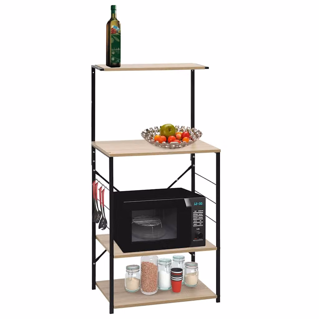 Mobile Microonde vidaXL Nero e Rovere in Legno e Metallo L: 60 cm, P: 39,6 cm, H: 123 cm
