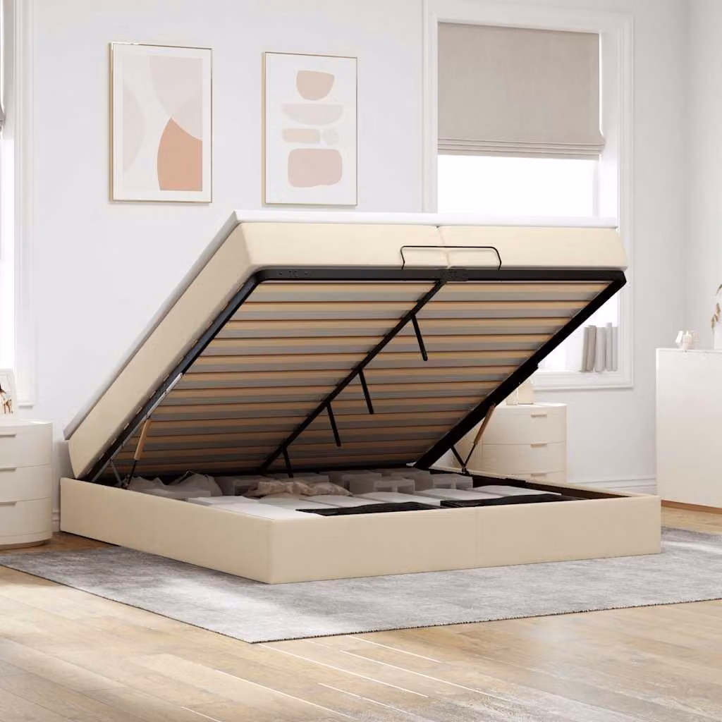 vidaXL Struttura Letto con Contenitore a Sollevamento e Materasso in Tessuto Beige e Bianco, L 200 x P 200 x H 280 cm – 1