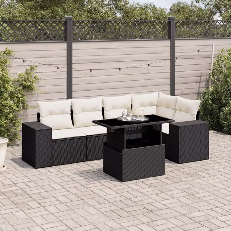 Set Divano da Giardino a L vidaXL in Polyrattan Nero con 6 Cuscini e Tavolino da Esterno