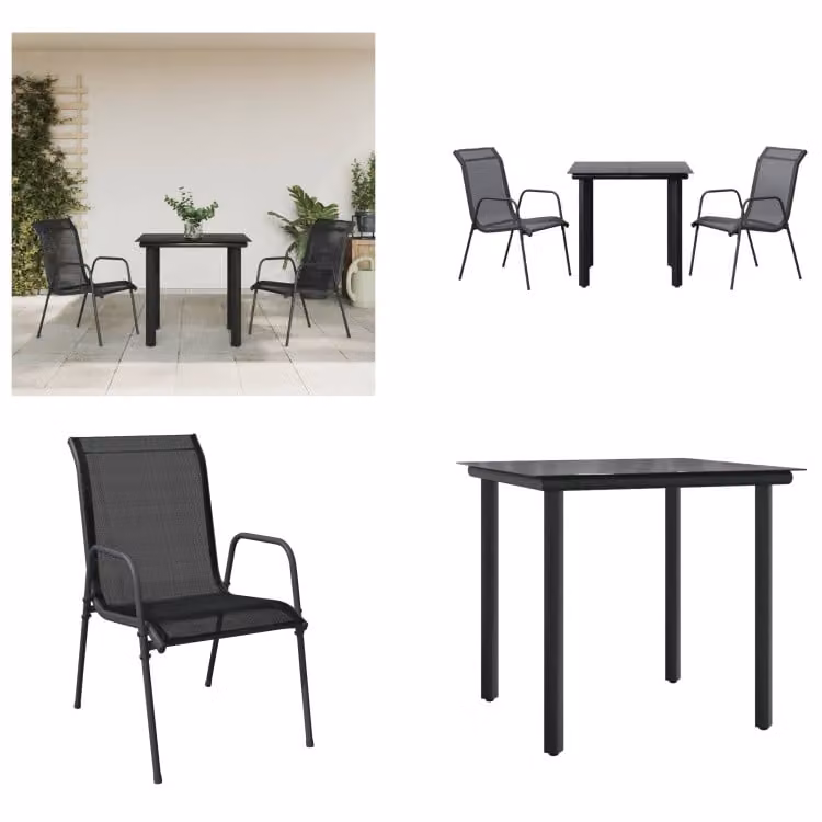 vidaXL Set da pranzo da giardino 3 pezzi in acciaio e textilene nero - Set da pranzo da giardino - Set di sedute da giardino - Set di sedute da esterno - Tavolo da giardino