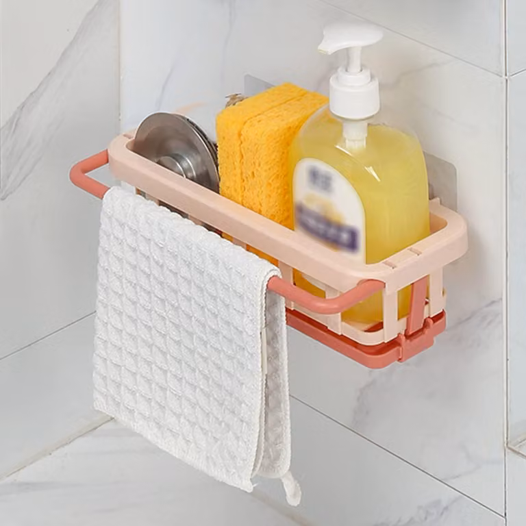 Mensola a muro senza foratura, mensola per erbe con porta asciugamani e 2 ganci, mensola a muro senza foratura con canale di drenaggio per bagno e cucina (rosa)