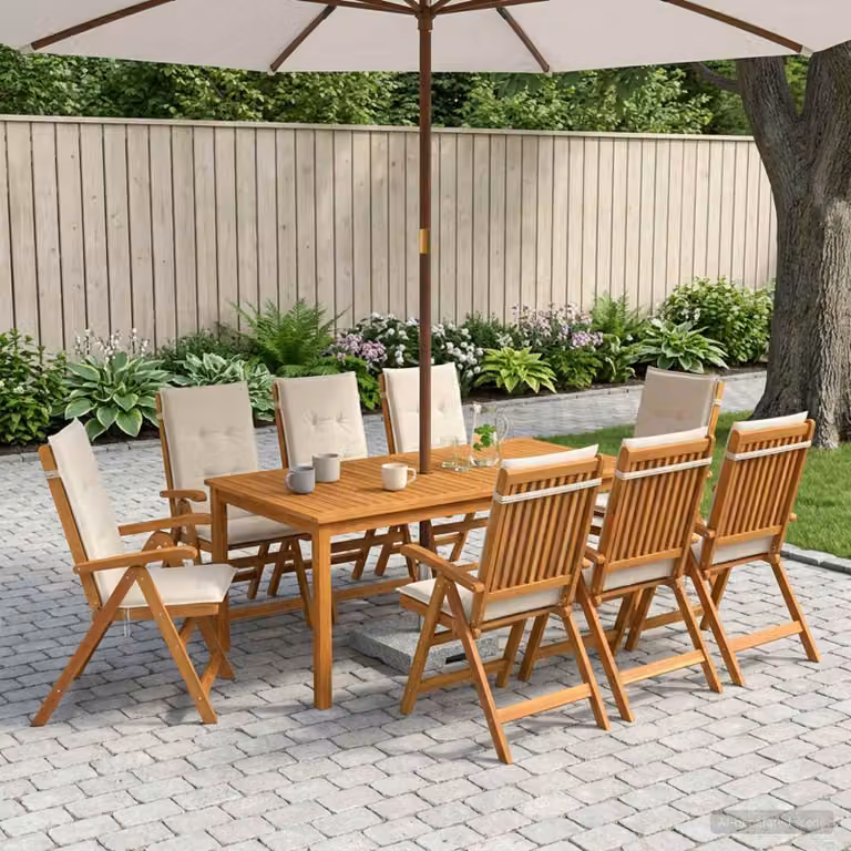Set da pranzo da giardino vidaXL in legno di acacia naturale con 9 pezzi per 8 persone e cuscini beige e marroni