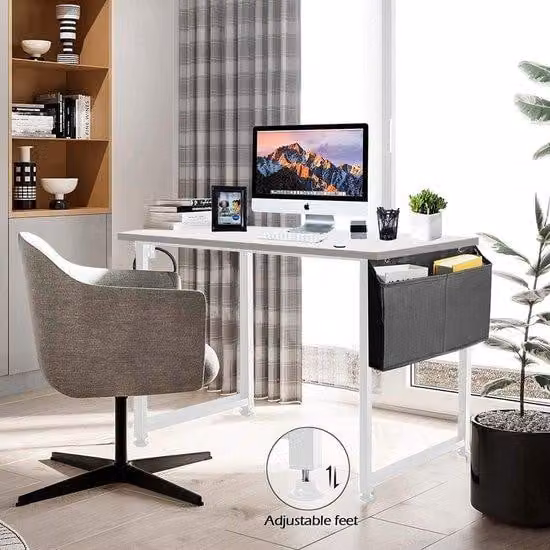 Scrivania per computer Unyqoos® bianca, 100x50x75 cm – scrivania salvaspazio per l'ufficio domestico, realizzata in pannello di truciolato resistente a graffi e all'acqua, struttura in metallo bianco, tasca portaoggetti e gancio per cuffie
