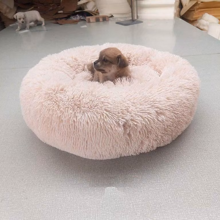 Cuccia per animali domestici a forma di ciambella, auto-riscaldante, rotonda, traspirante, in peluche, color beige, 50 cm