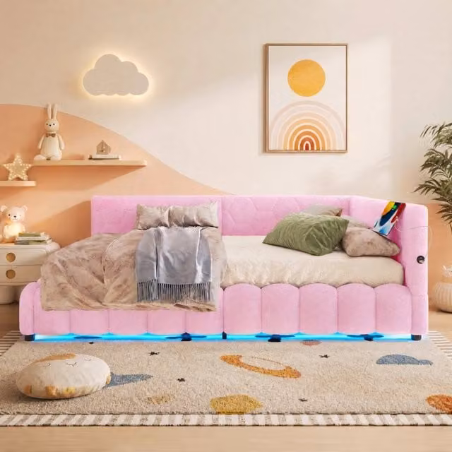 Letto imbottito 140 × 200 cm con rete a doghe vano contenitore idraulico LED USB tipo C rosa