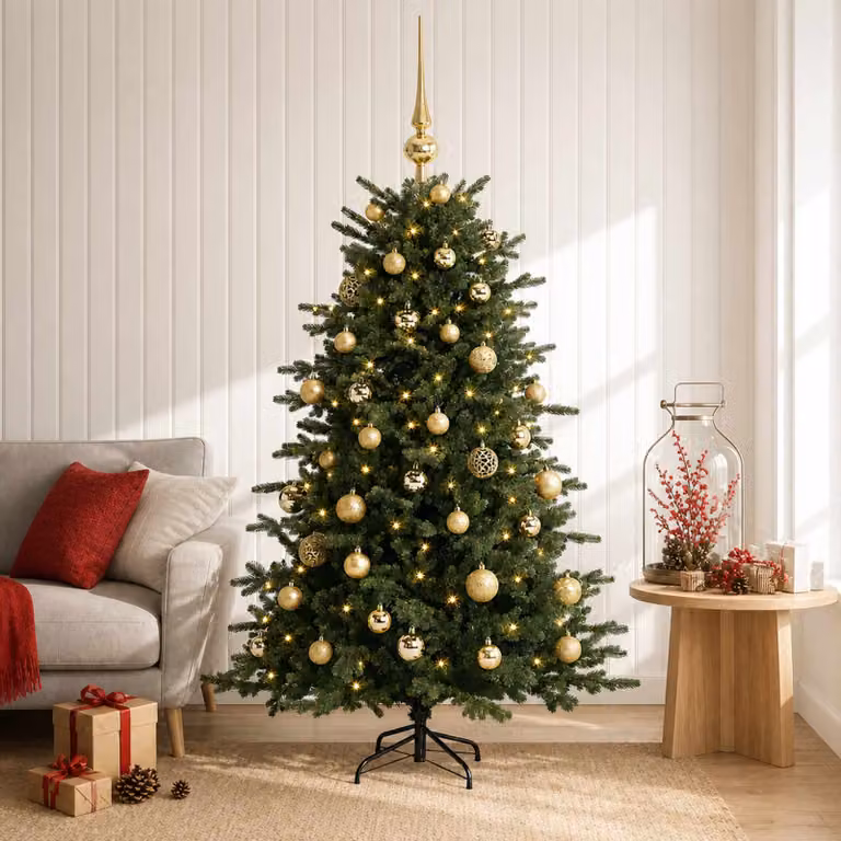Albero di Natale artificiale verde vidaXL con 150 LED luce bianca calda e decorazioni con palline, struttura in metallo e PVC
