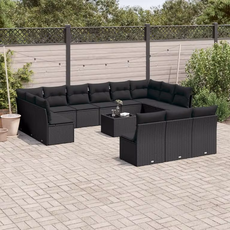 Set di Divani da Giardino a Forma di U vidaXL in Polyrattan Nero con Cuscini e Tavolino da Esterno