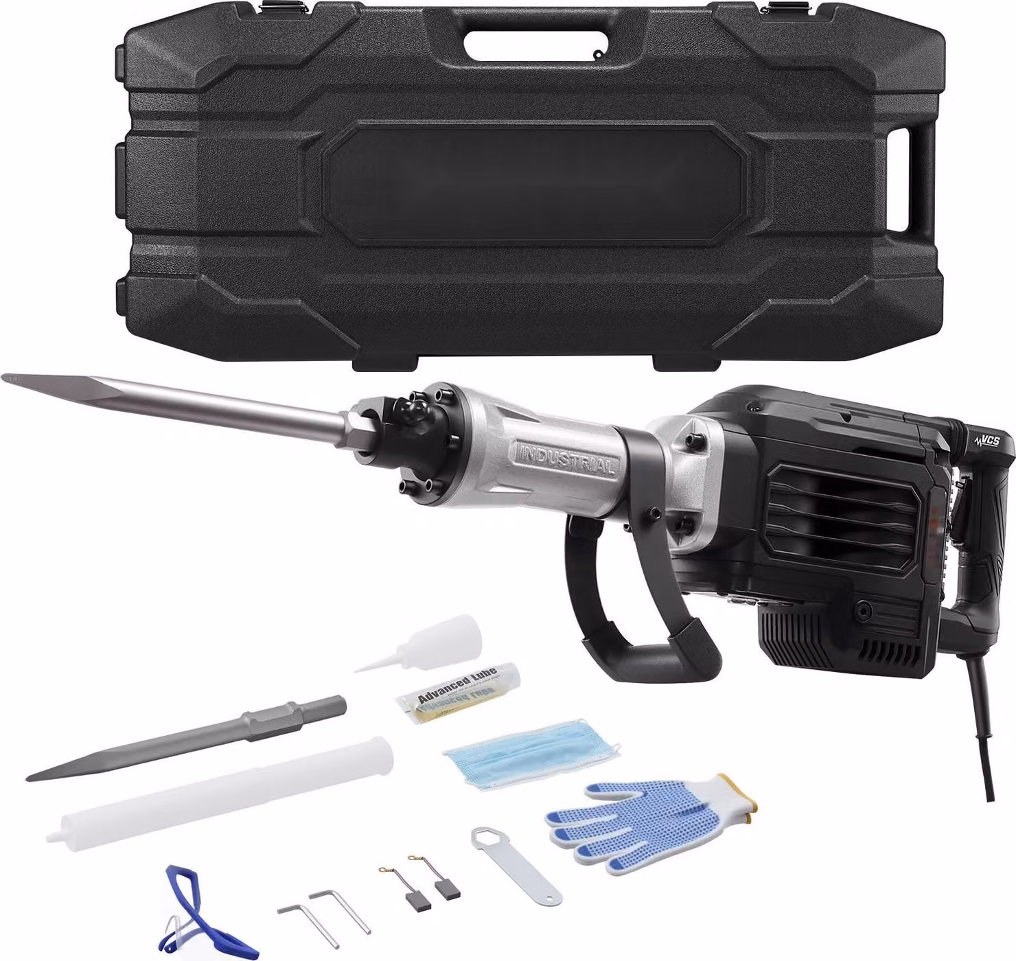 Martello demolitore - Martello elettrico a scalpello - 3000 W - 1700 colpi/min - Scalpello a punta incluso - Custodia, guanti, occhiali di sicurezza - Per calcestruzzo, mattoni, piastrelle - Nero