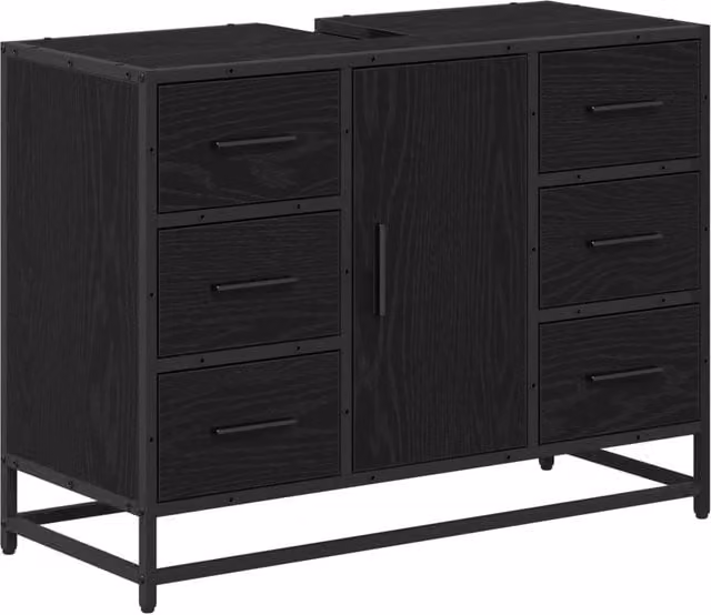Armadio da bagno moderno Design In in rovere e nero con ante e cassetti, L: 80 cm, P: 33 cm, H: 60 cm