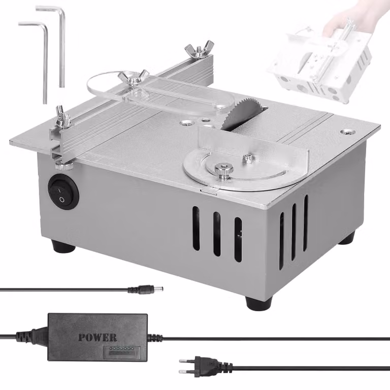 Mini sega circolare da banco - Sega circolare elettrica - 96 W - Altezza regolabile - Per legno - 220–240 V, spina europea - Argento