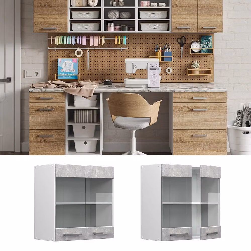 Pensile universale R-Line Vicco con ante in vetro, bianco e grigio, L: 60 cm, P: 31 cm, H: 60 cm – 2