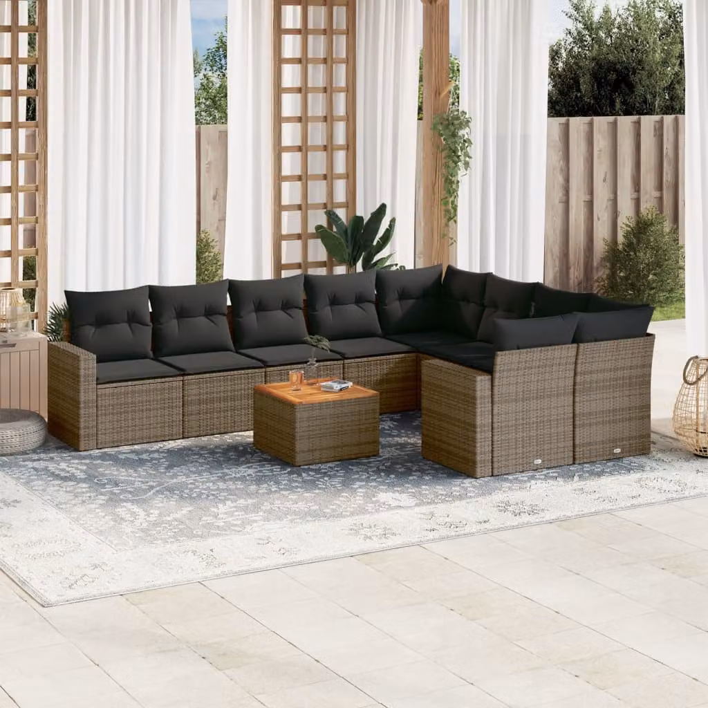 Set Divano da Giardino vidaXL 10 pz in Polyrattan Grigio con Cuscini e Tavolino – 1