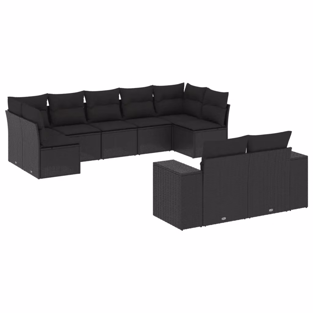 vidaXL Set Divani da Giardino a Forma di L in Polyrattan Nero con Cuscini, 9 Pezzi – 2