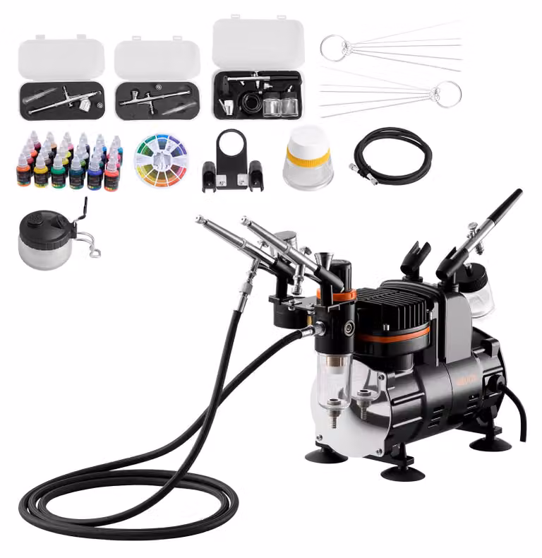 VEVOR Set aerografo 1/6 PS con compressore d'aria, 3 pistole ad aerografo a doppia azione con 3 ugelli (0,3/0,3/0,35 mm) e tubo flessibile e vernice acrilica, per la decorazione di torte, la pittura di modelli e l'arte delle unghie a basso rumore