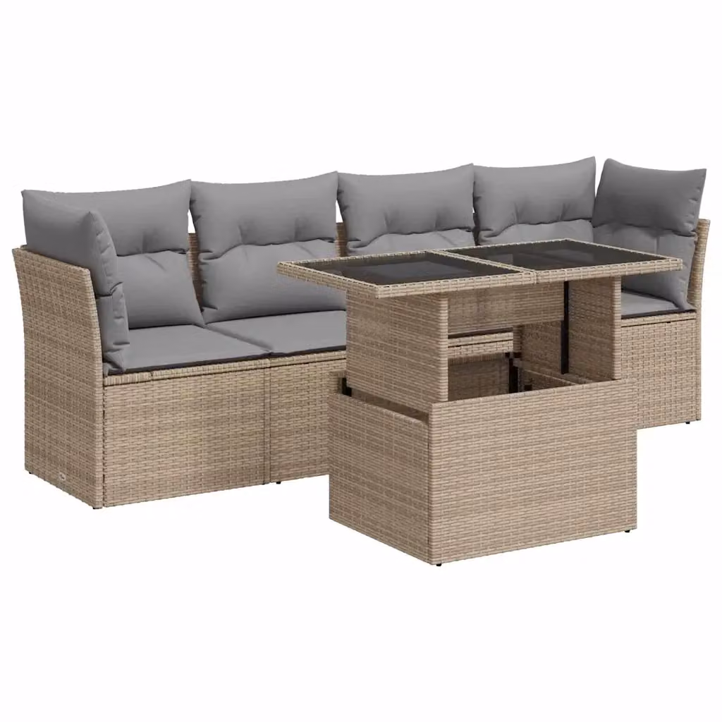 Set Divano da Giardino 5 Pezzi vidaXL con Cuscini Beige e Tavolino in Polyrattan e Metallo – 2