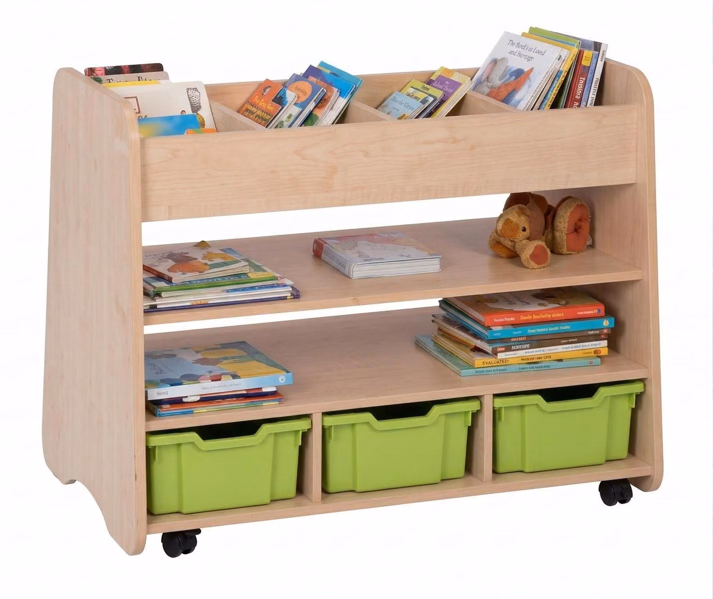 Libreria con contenitori pratici e rotelle, ideale per bambini