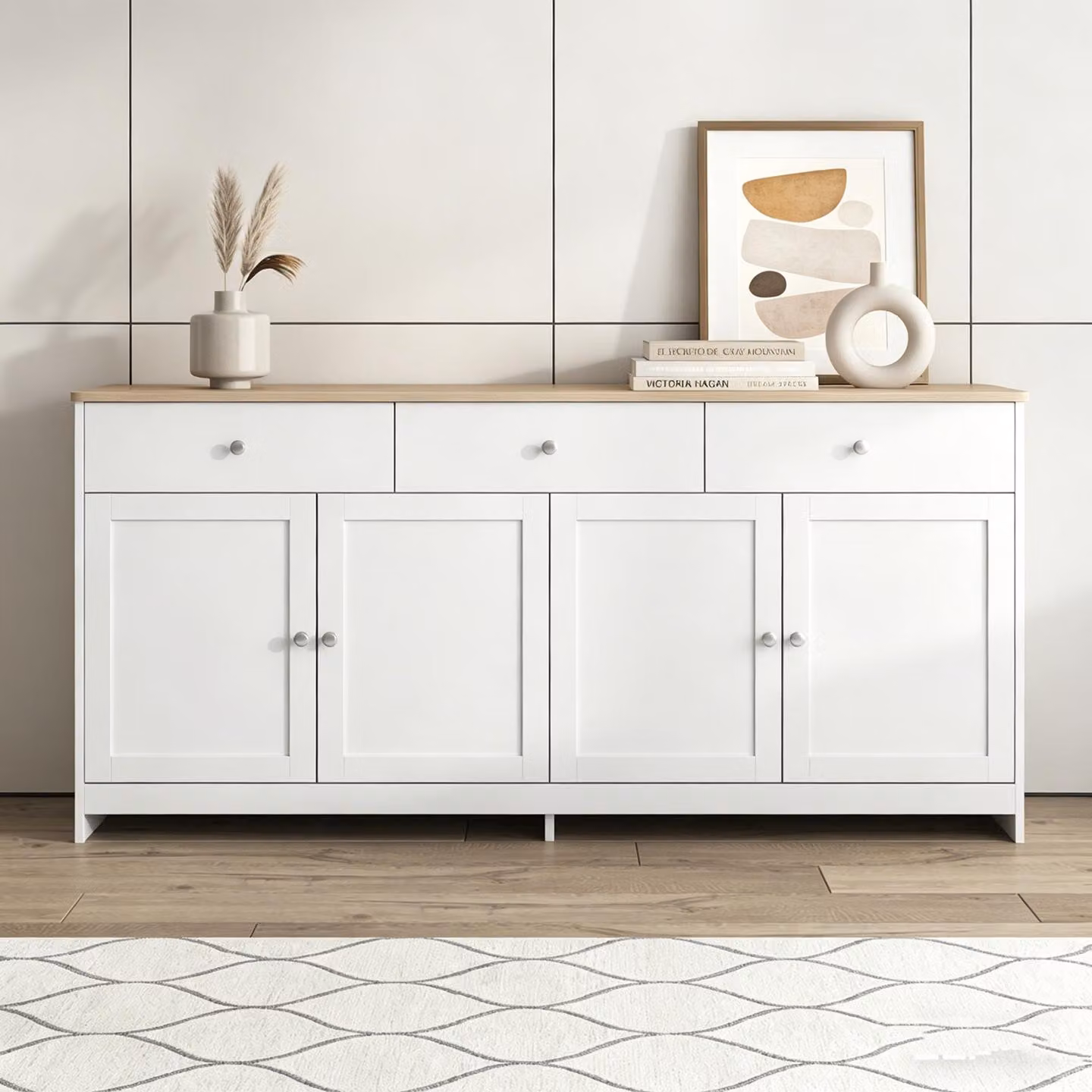 Mobiletto da cucina INONEFT, credenza con 3 cassetti e 4 ante, mobiletto buffet con ripiano regolabile, comò, mobiletto portaoggetti per cucina, colore naturale e bianco