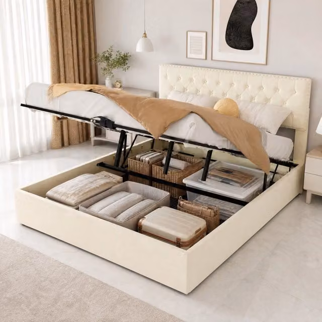Letto 160 x 200 cm con testiera alta; velluto olandese beige e doghe in legno