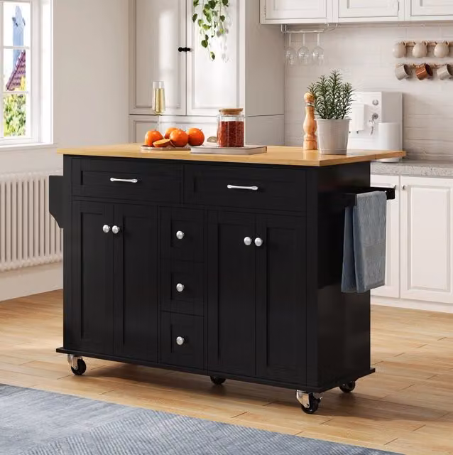 Carrello da cucina 140x65 cm nero e naturale – molteplici vani