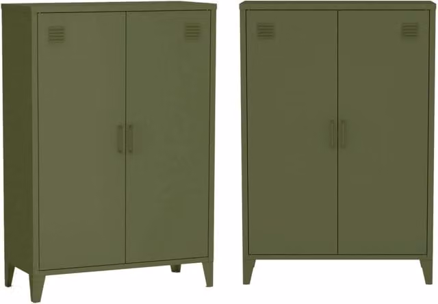 Set di 2 armadietti in metallo, 2 ante, verde kaki