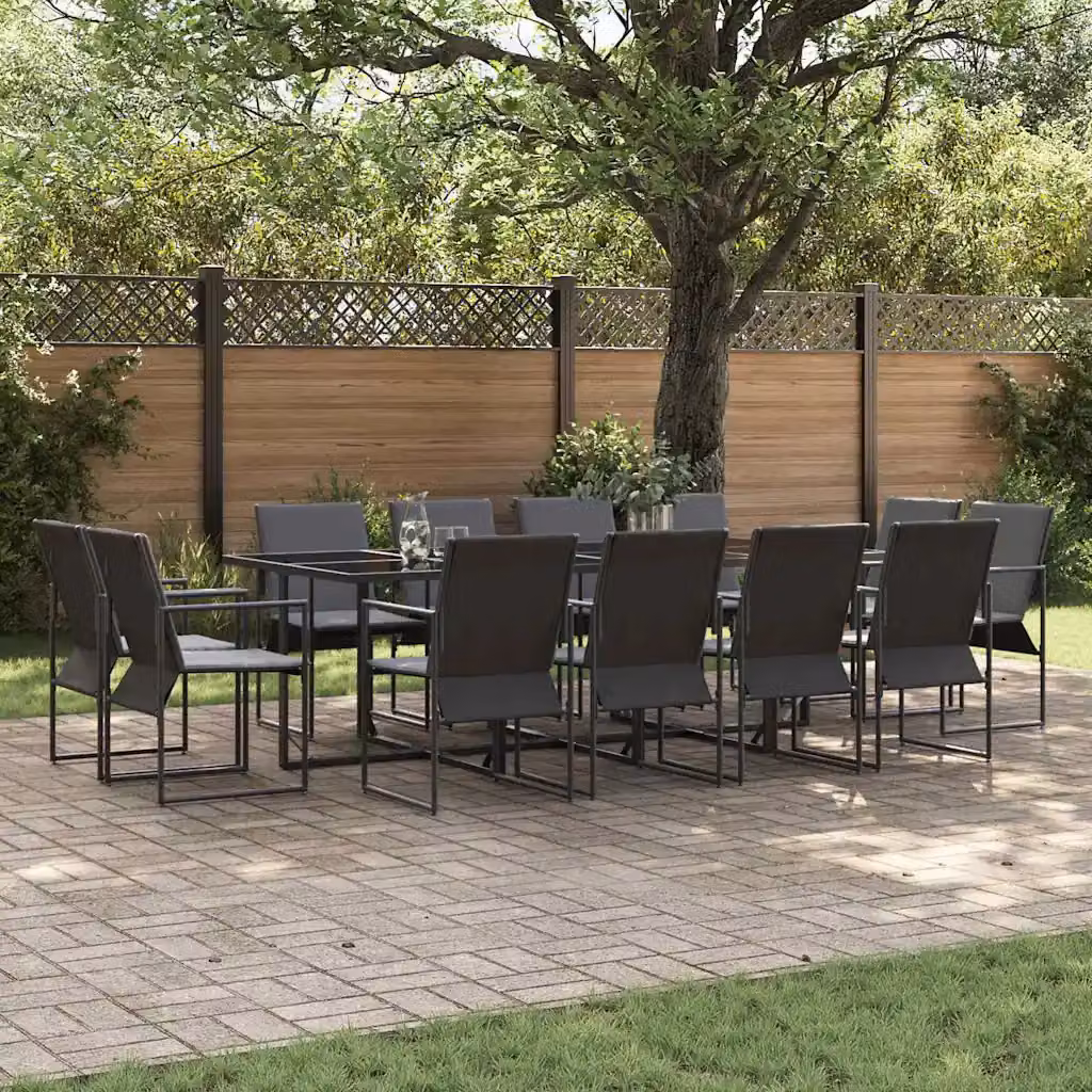 Set da pranzo per giardino e terrazzo vidaXL in acciaio verniciato nero e vetro, 13 pezzi