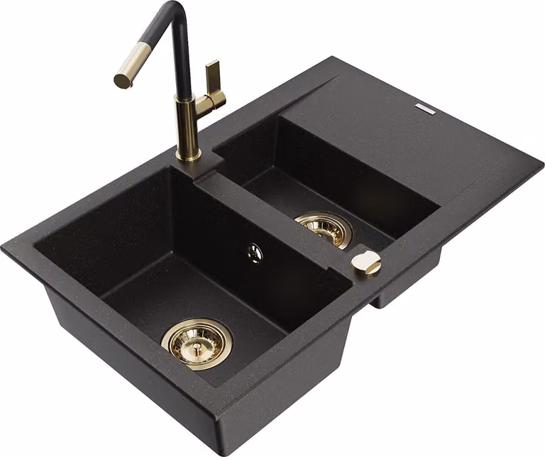 Mexen Gaspar lavello in granito 1,5 vasche con scolapiatti e miscelatore cucina Flora, nero/oro - 6507-75-670401-57-G