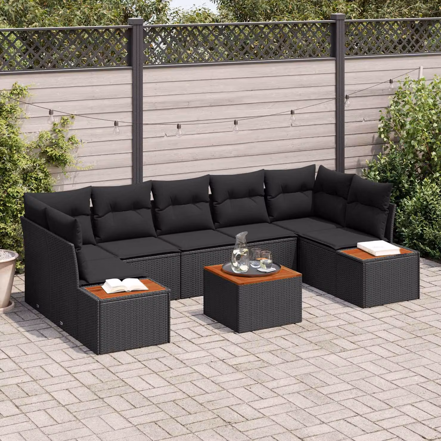 Set Divano da Giardino vidaXL 8 Pezzi Nero con Cuscini e Tavolino da Caffè in Rattan e Metallo – 1