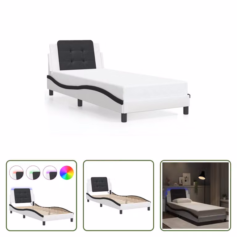 The Living Store Struttura letto con LED bianco e nero 80x200 cm in ecopelle