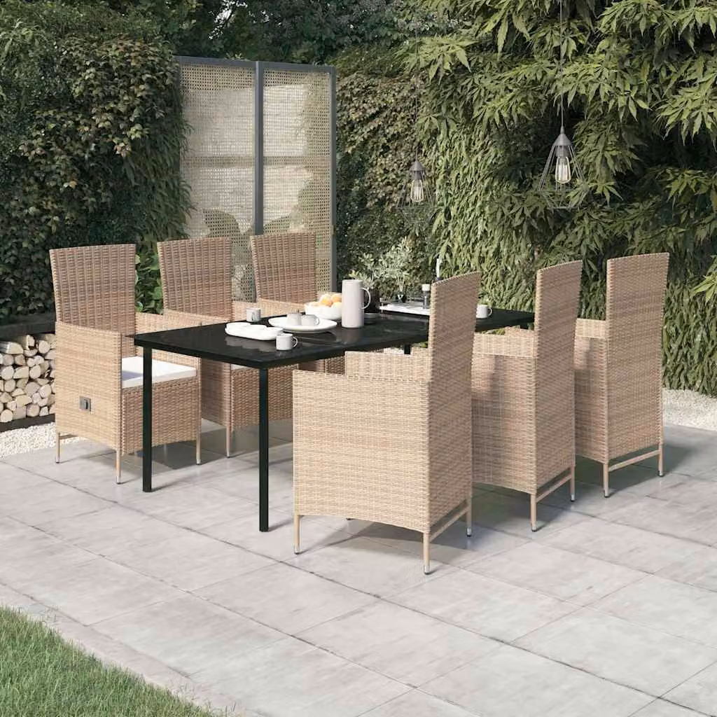 Set da pranzo da giardino vidaXL in polyrattan con cuscini beige e tavolo in vetro per 7 persone