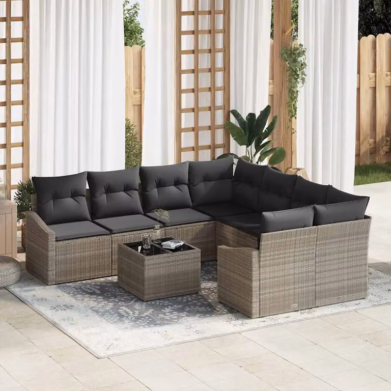 Set di divani da giardino vidaXL a forma di U in polyrattan grigio con cuscini inclusi