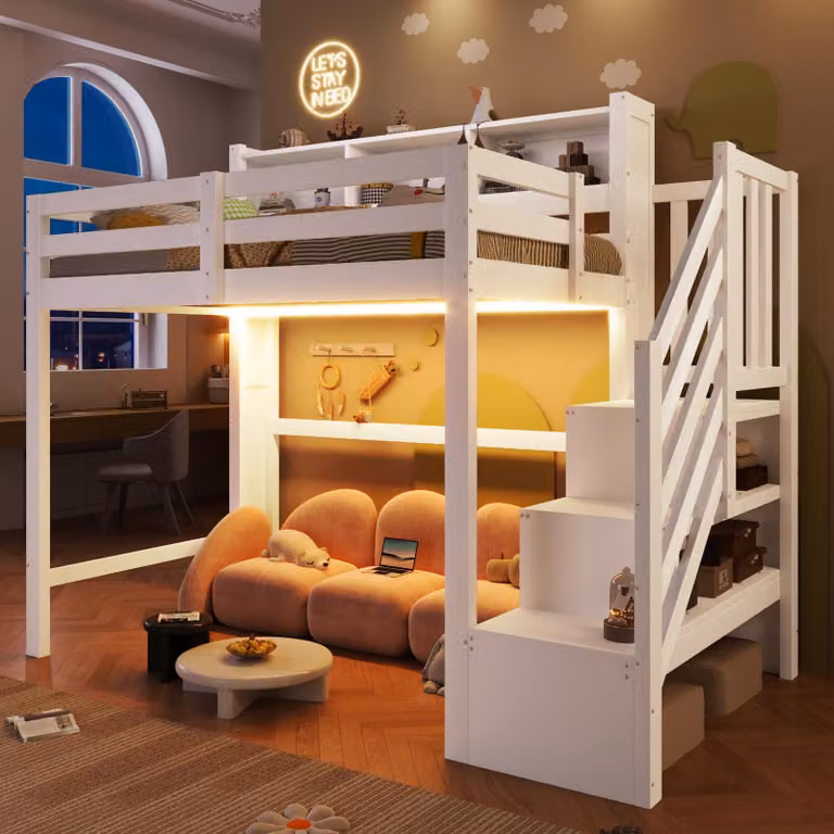 Letto imbottito 90x200 cm con illuminazione a LED, spazio contenitore ad apertura idraulica, testiera a forma di L con vano contenitore, rete a doghe, rivestito in lino color beige