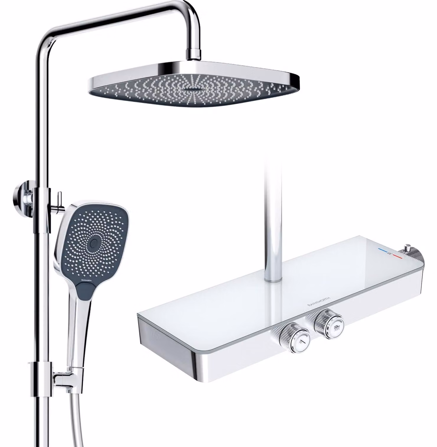 Set doccia con termostato, ripiano in vetro, 26x26 cm. Doccia a pioggia