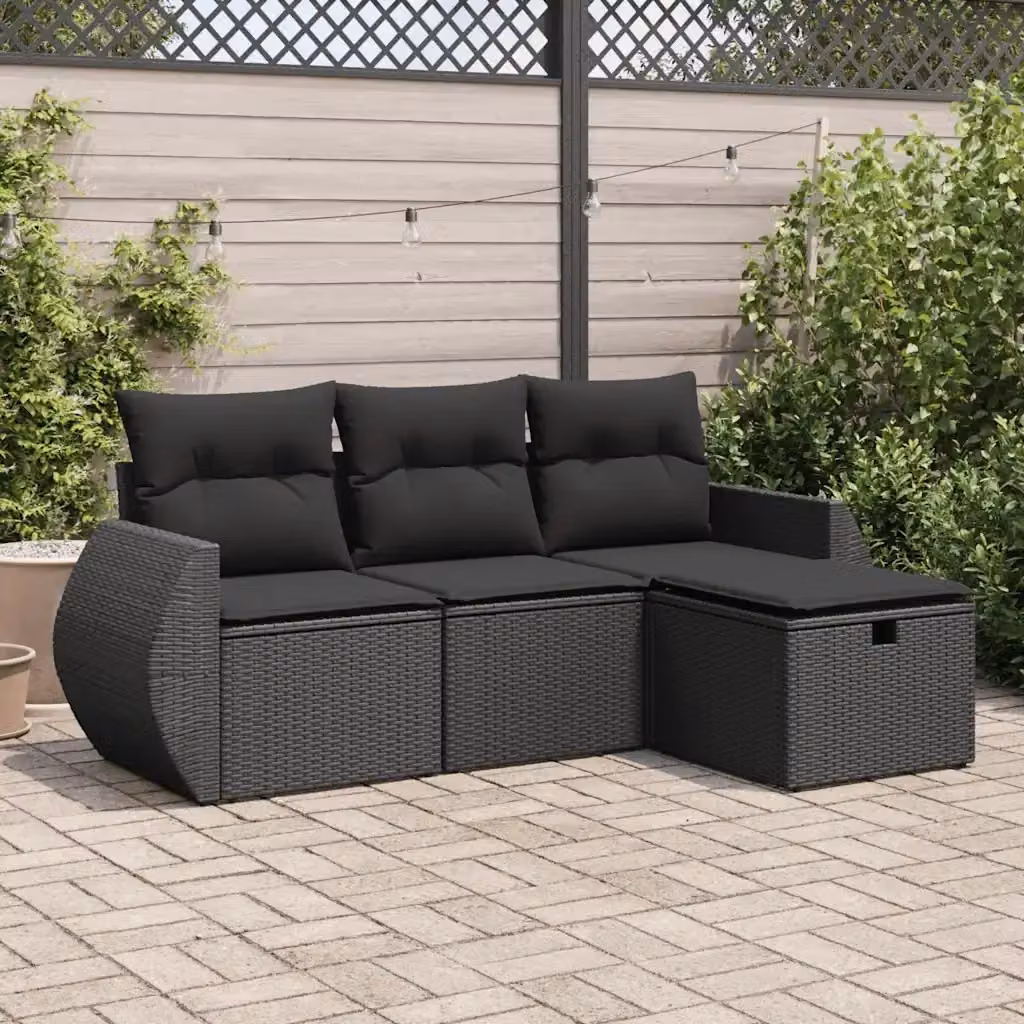 Set Salotto da Giardino a L con Polyrattan e Cuscini Neri DESIGN IN – 2