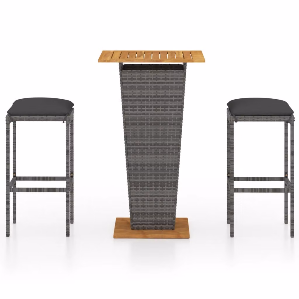 Set Bar da Giardino 3 pz con Cuscini in Polyrattan Grigio