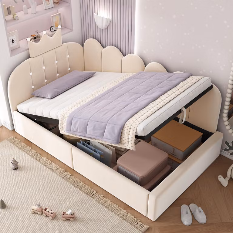 Letto imbottito STILVORA 90x200 cm, divano letto con contenitore idraulico, divano letto a L in velluto, letto per ospiti con design a traliccio a , con materasso beige