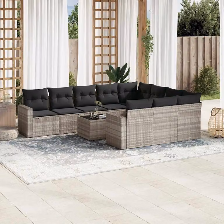 vidaXL Set Divani da Giardino 11 pz in Polyrattan Grigio con Cuscini e Tavolino