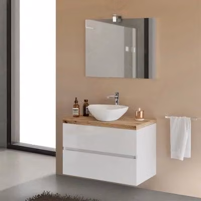 Mobile bagno sospeso INBAGNO Town bianco e beige con top in rovere e illuminazione LED per lavabo d'appoggio L: 80 cm, H: 46 cm, P: 54 cm