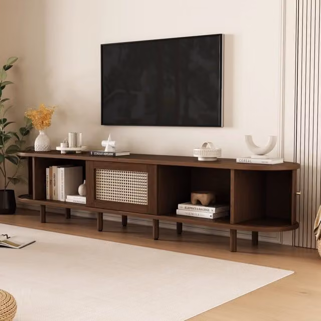 Mobile porta TV ovale OKWISH per soggiorno in MDF marrone con 1 cassetto e 2 ante scorrevoli, L: 180 cm, P: 40 cm, H: 40 cm