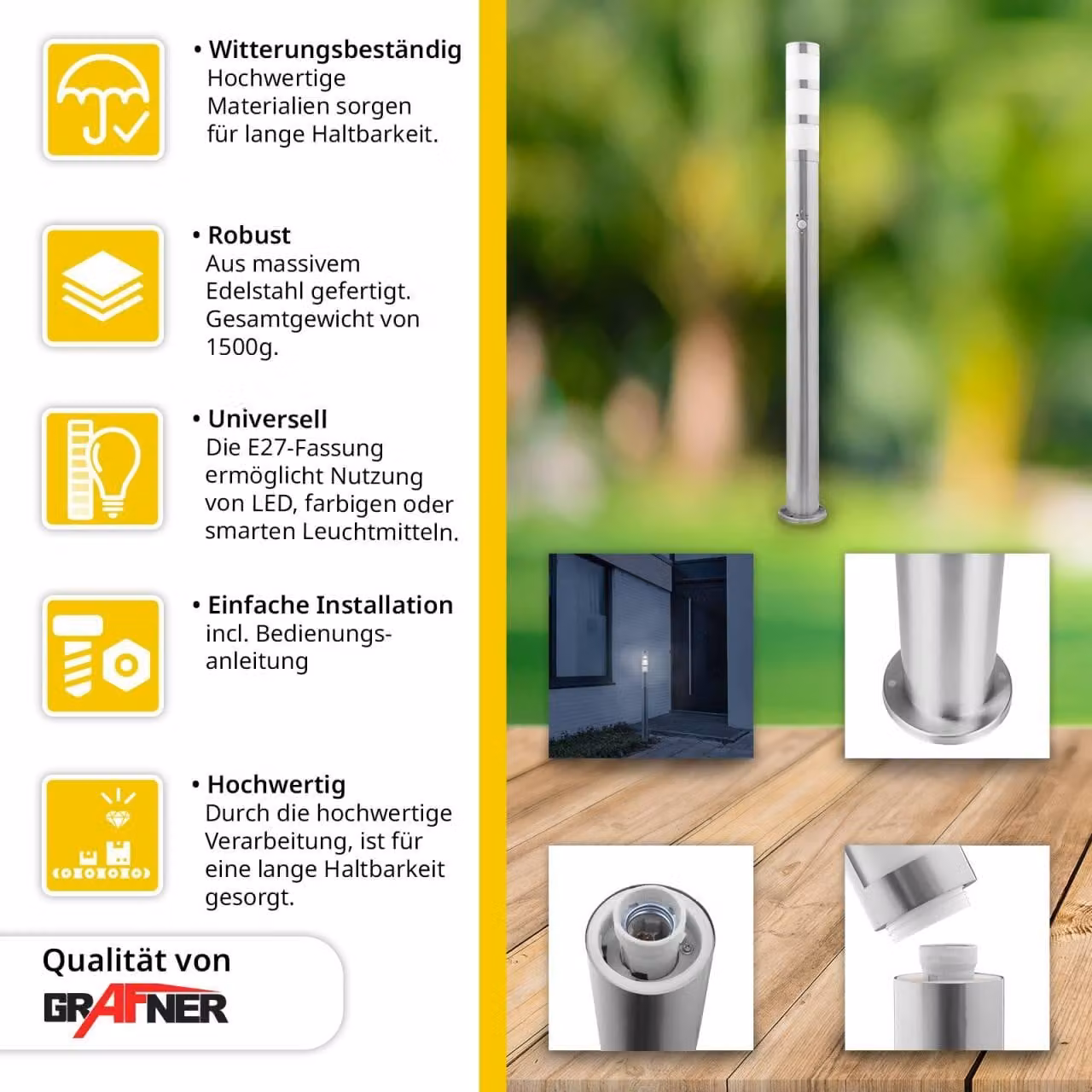 Grafner XXL lampada da sentiero in acciaio inox con rilevatore di movimento, altezza: 110 cm, 1x presa E27, IP44, lampada da sentiero lampada da giardino lampada da giardino lampada da terra per esterni lampada da bitta