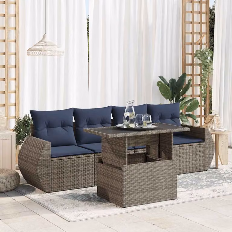 Set Divano da Giardino vidaXL 5 Pezzi in Polyrattan con Cuscini e Tavolino, Grigio e Blu