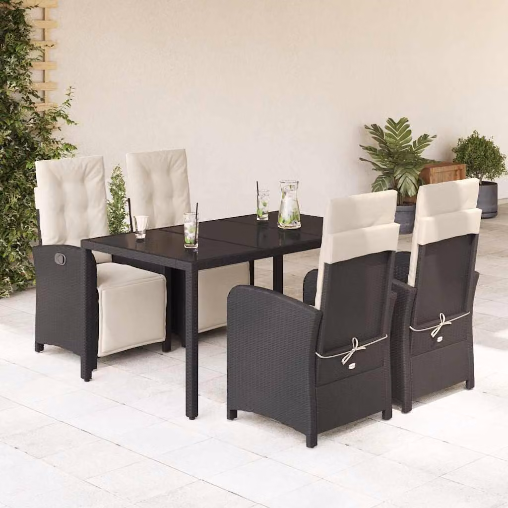 Set da Pranzo da Giardino vidaXL 5 pz in Polyrattan Nero con Cuscini e Tavolo in Vetro – 1