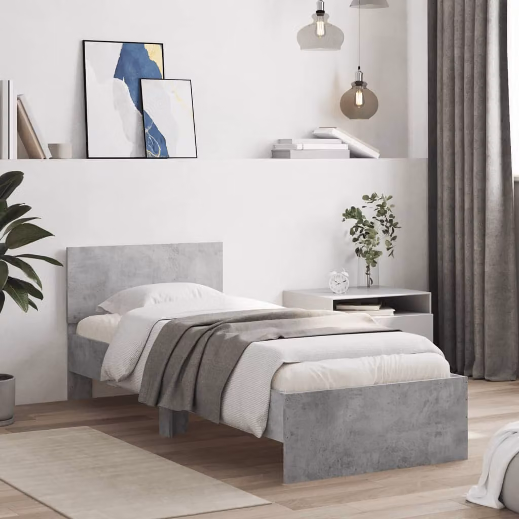 Letto con Giroletto e Testiera vidaXL in Legno Multistrato Grigio Cemento L/P/H: 90 x 190 x 95 cm