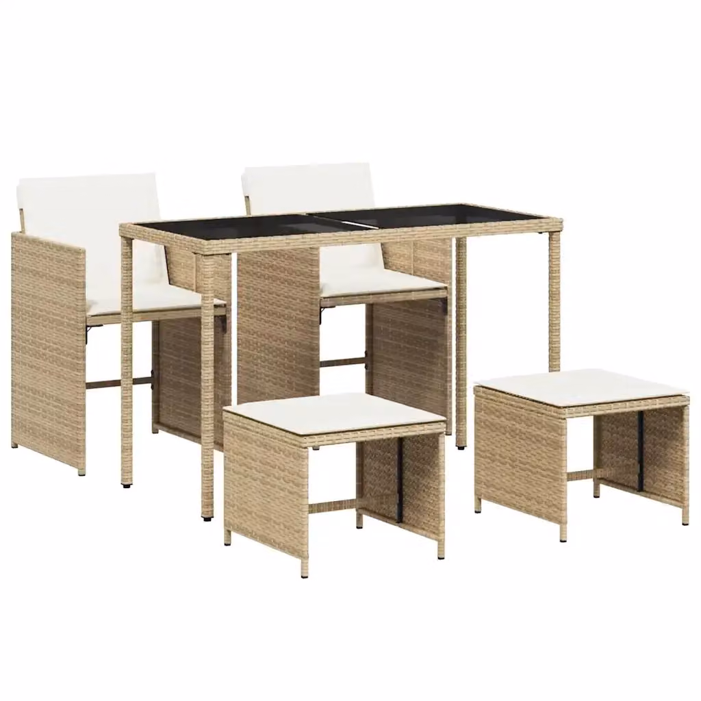 Set da pranzo da giardino vidaXL in polyrattan con tavolo in vetro e 5 sedie con cuscini beige e bianchi – 2
