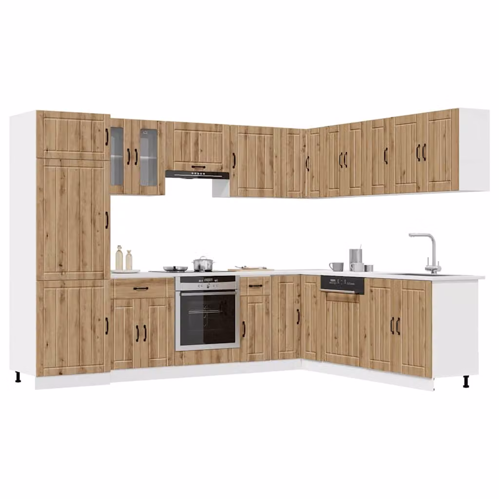 Set di mobili da cucina vidaXL Lucca in rovere marrone composto da 14 pezzi in legno e MDF con ante a battente e ripiani aperti in stile country house