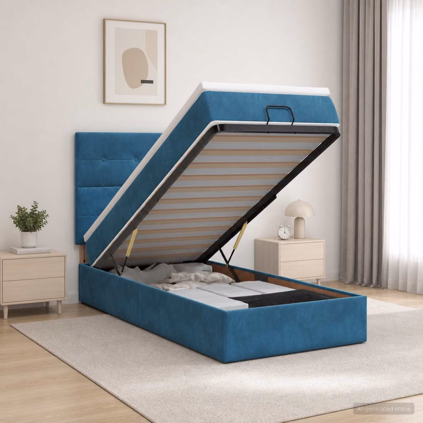 Letto ottomano con materasso vidaXL in velluto blu scuro, L/P/H: 200 x 80 x 128 cm