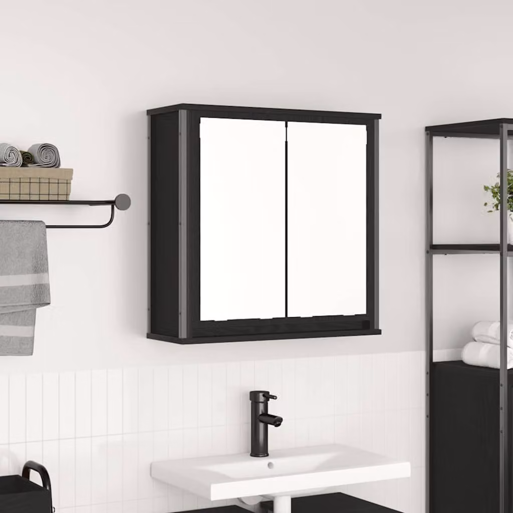 vidaXL Pensile da Bagno Moderno con Specchio e Ripiani Interni, Rovere e Nero, L: 60 cm, P: 21 cm, H: 60 cm