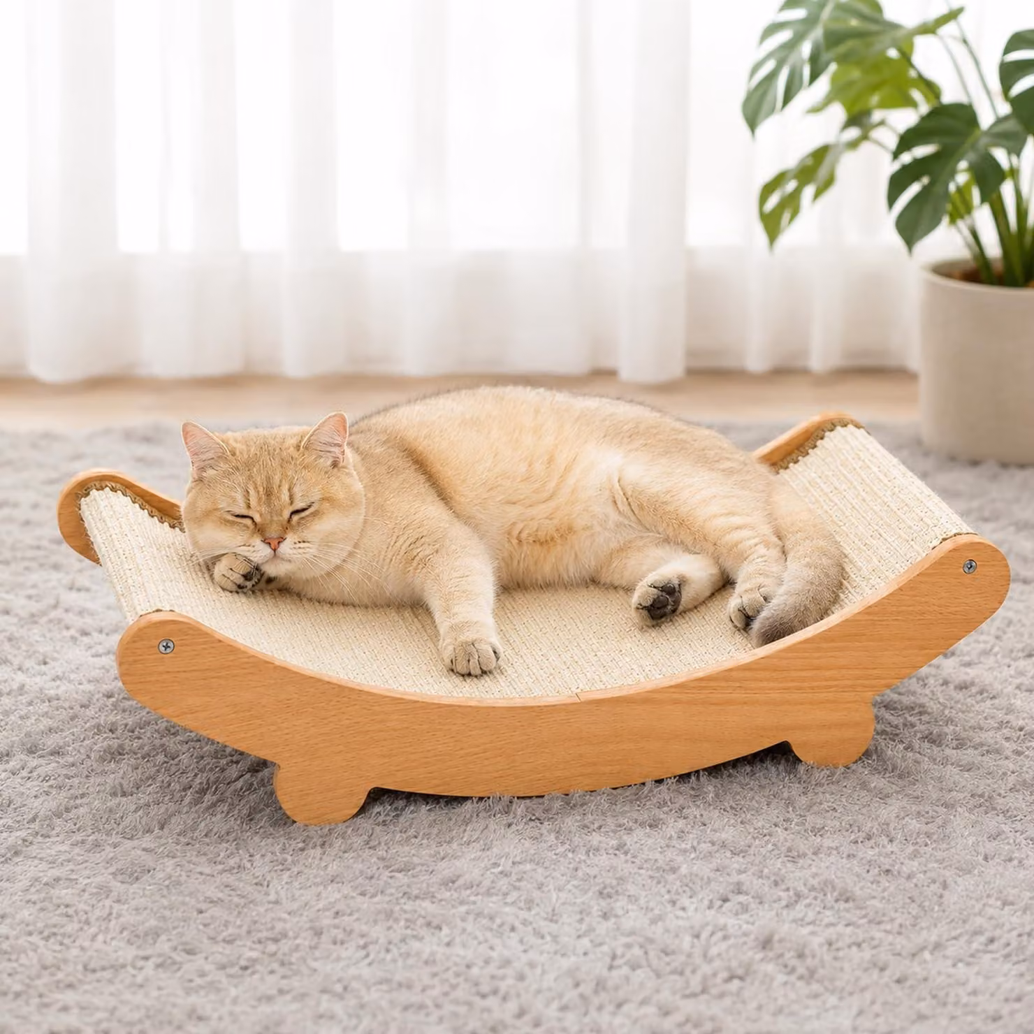 Tiragraffi in sisal curvo per gatti, design a 160°, colore legno