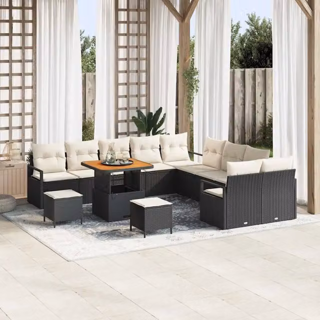 Set Divano da Giardino Moderno vidaXL a Forma a U in Polyrattan Nero con Cuscini e Tavolino da Esterno