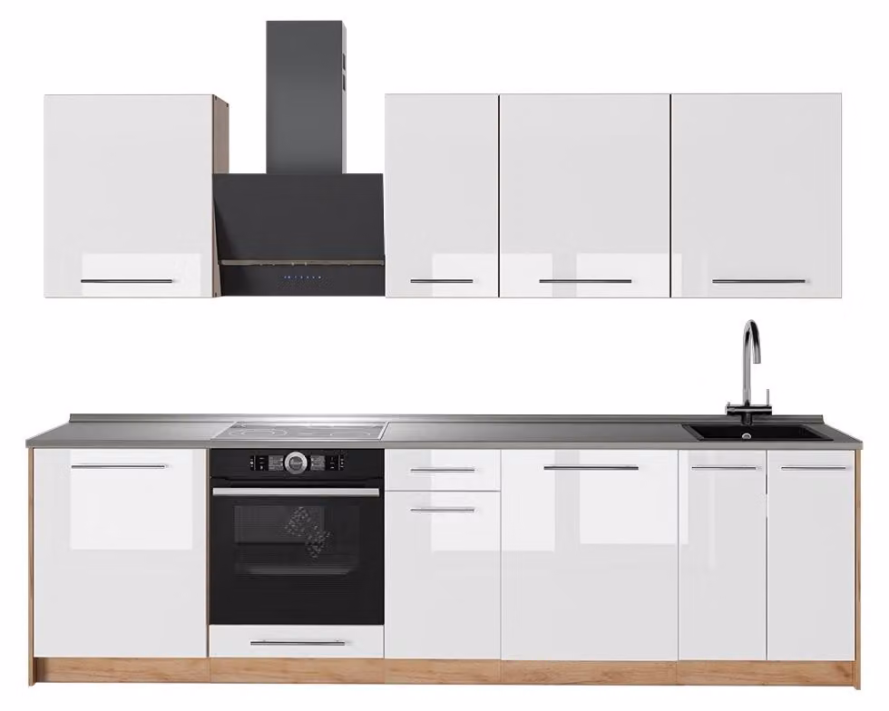 Cucina componibile Vicco Fame-Line Bianco lucido/Rovere dorato 280 cm, PL Marmo, Model 64210